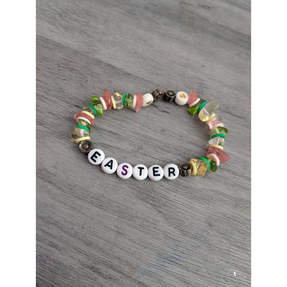 Handmade Easter Beaded Stretch Bracelet Pink Green Yellow Glass Chip Heart Charm
